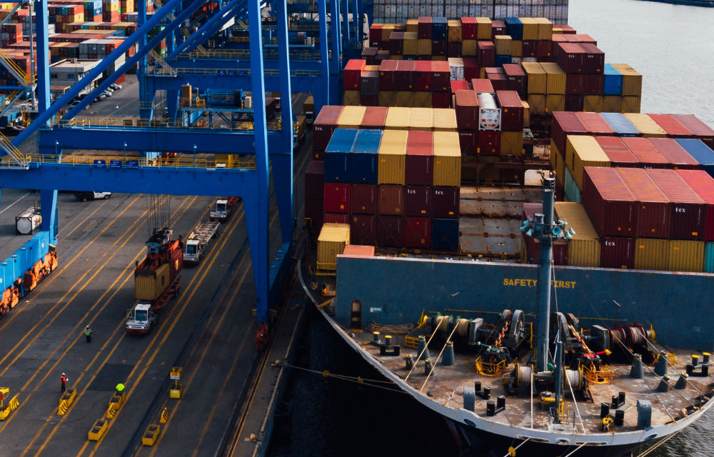 a large container ship in a port